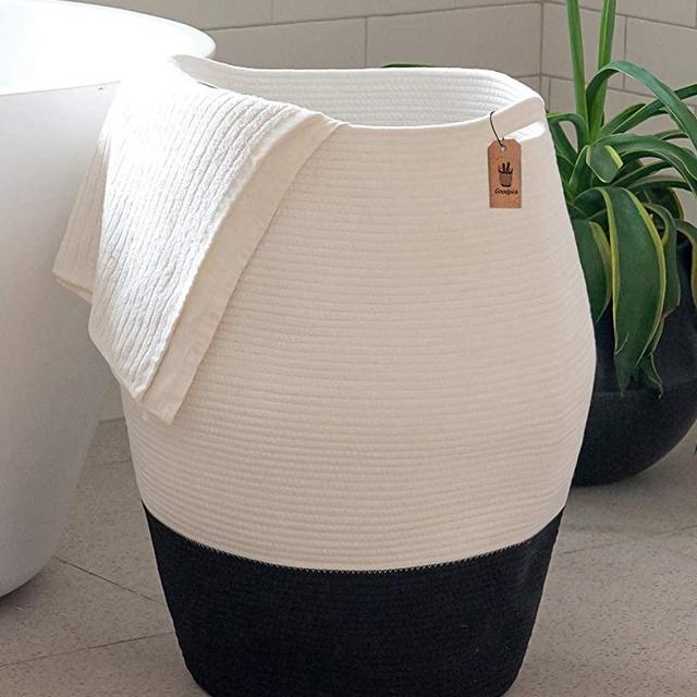 Goodpick Large Laundry Hamper | Tall Wicker Hamper Laundry Basket, Soft Cotton Rope Woven Hamper, Modern Design Graceful Curve Basket 25.6 Inches Height