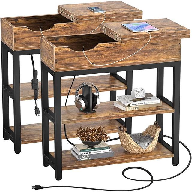 Aheaplus Sofa Side Table with USB Ports and Outlets, Narrow End Table Set of 2 with Charging Station, Bedside Nightstand with Storage Shelves, Slim Side Table for Small Space, Living Room, Metal Frame