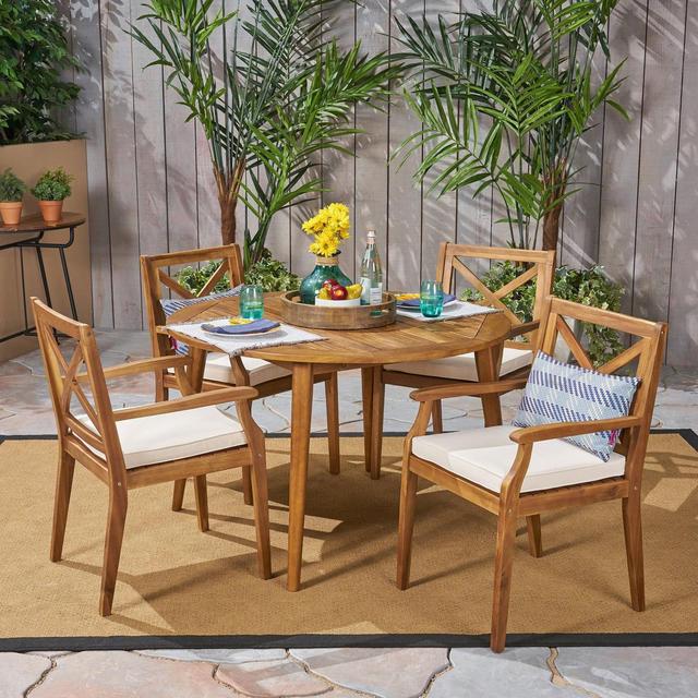 Pines 5pc Acacia Wood Dining Set - Teak/Cream - Christopher Knight Home