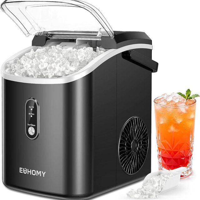 EUHOMY Nugget Ice Maker Countertop with Handle, Ready in 6 Mins, 34lbs Per Day, Removable Top Cover, Self-Cleaning, Portable Sonic Ice Maker with Basket and Scoop, for Home/Party/RV/Camping(Black)