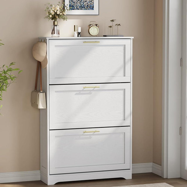 Draelibor Shoe Cabinet Organizer with 3 Flip Drawers, Modern Narrow Shoe Cabinet with Metal Handles, Freestanding entryway Organizer with 2 Adjustable Shelves & 2 Hooks, for Foyer, Hallway, White