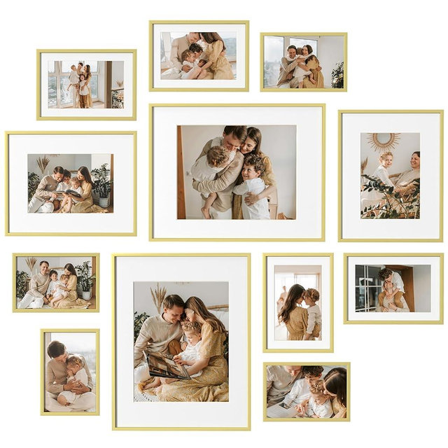 eletecpro Aluminum Gallery Wall Frame Set of 12, Including 2Pcs 11x14, 2Pcs 8x10, 4Pcs 5x7, 4Pcs 4x6 Photo Frames for Wall or Tabletop Display, Multiple Sizes Picture Frames Collage Wall Decor, Gold