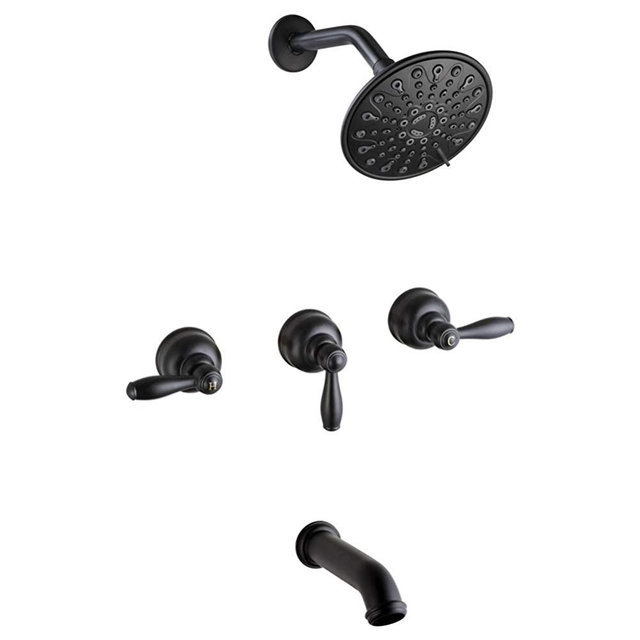 Matte Black 3 Handle Tub and Shower Faucet Set with 6 Spray Shower Head, Bathtub Faucet Set with Tub Spout Bathroom Mixer Tub and Shower Trim Kit with Valve