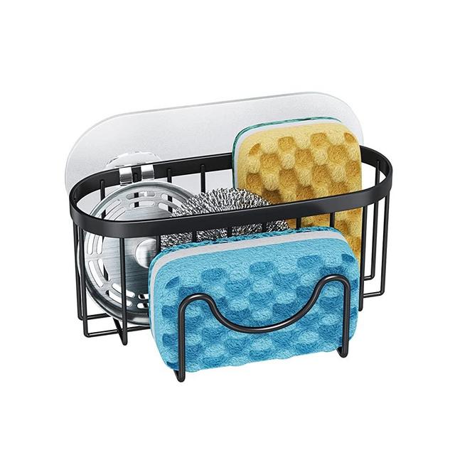 HapiRm Multifunctional Sponge Holder with Unique M-Shaped, Two Installation Methods Kitchen Sink Organizer, Rustproof Stainless Steel Sink Caddy for Sponge, Brush, Sink Stopper and Scraper -Black
