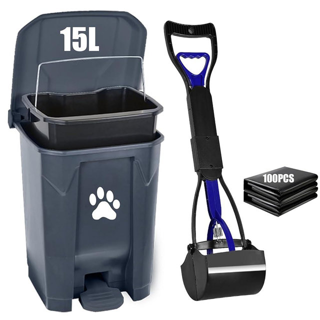 Outdoor Dog Poop Trash Can Pet Waste Station Dog Waste Trash Can Pooper Scooper for Dog Poop Yard Garden Kitchen with Lid, Pedal, Removable Inner Bin, Large Waste Bag, Grey(Fully Assembled)