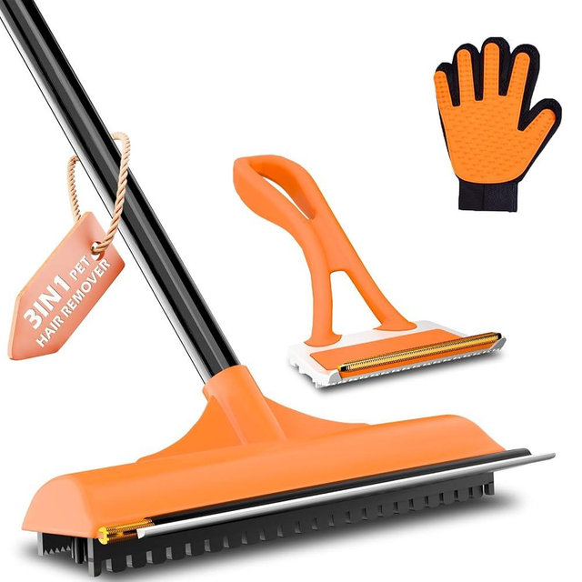 3 in 1 Carpet rake Kit for Pet Hair Removal Tool - 58"Adjustable Handle,Rubber Broom,2 in 1 Handheld Brush,Pet Grooming Glove，Carpet Scraper Brush for Rugs,Couch,Floors,Fumiture,car,Dogs & Cats