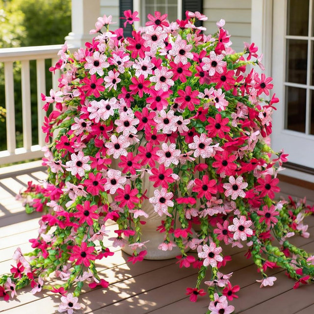 Fake Artificial Hanging Flowers for Outdoors Fake Plants Decoration, 2 Bundles Faux Silk Colorful Daisy Eucalyptus Realistic UV Resistant for Outside Home Planter Porch Patio Yard Decor(Rose Pink)
