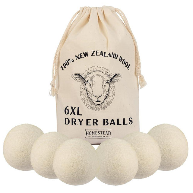 Homestead Houseware XL Wool Dryer Balls 6-Pack – 100% New Zealand Wool, Natural Fabric Softener & Static Reducer, Reusable Laundry Balls for Pet Hair, Eco-Friendly Dryer Sheets Alternative