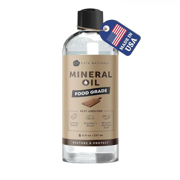 Kate Naturals Mineral Oil for Wood Cutting Board, Butcher Block, and Knife. Food Grade Mineral Oil for Wooden Cutting Board & Utensils (8oz, Food Safe)