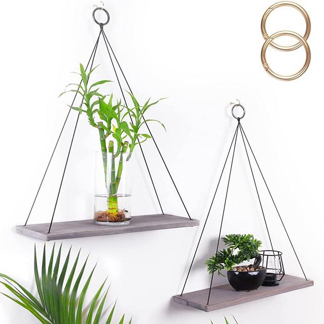 FORESTBARN Boho Hanging Shelves, Set of 2, Floating Shelves , Rope Hanging Shelves, Boho Wall Decor Shelf, Hanging Shelf for Plants, Bedroom Bathroom Living Room Wall Shelves, Rustic Decor