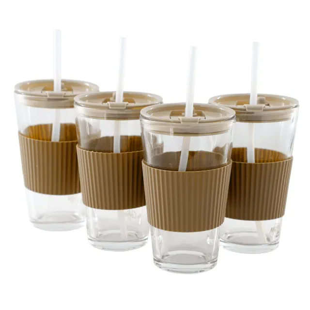 Mr. Coffee Sip Savvy 4 Piece 15 Ounce Silicone Sleeve Glass Cup Set w/ Lid and Straw in Brown