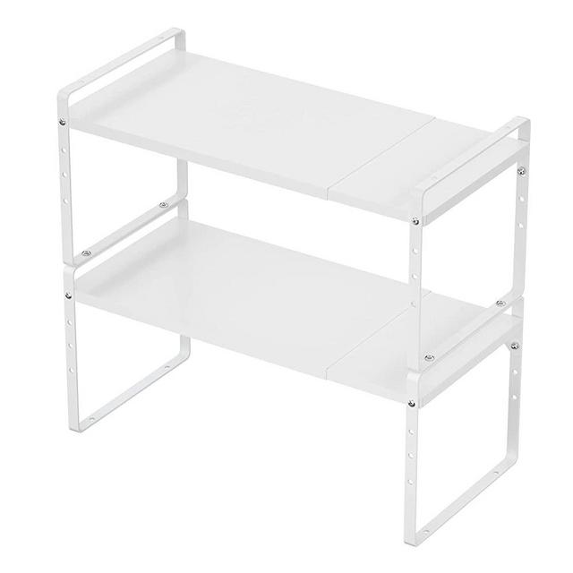 SANNO Expandable Cabinet Shelf Organizer,Cupboard Organizer Rack Space Riser Countertop Kitchen Pantry Cupboard Countertop Shelf Organizers, White, 2 pack