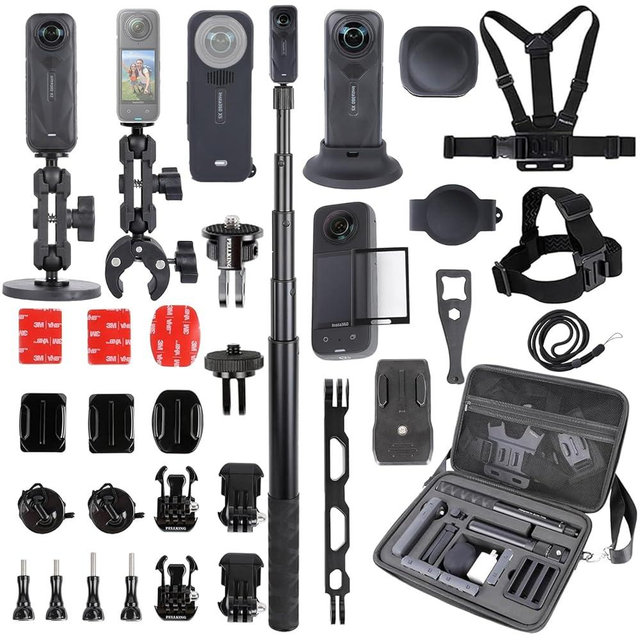 PellKing Accessories Kit for insta360 X5,Included Carrying Case with Belt,2 Pcs Metal 1/4" Adapter,Handlebar Clamp,Magnetic Mount,43in Selfie Stick,Chest Strap,Head Strap,Backpack Mount,and Others