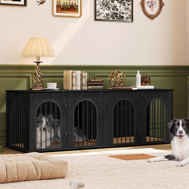 Hzuaneri 71" Dog Crate Furniture for 2 Dogs, Heavy Duty Indoor Dog Kennel TV Stand, XXL Wooden Dog Cage with Divider for Medium Large Dogs, End Table Dog Crate with Cushion, Black DFC81904B