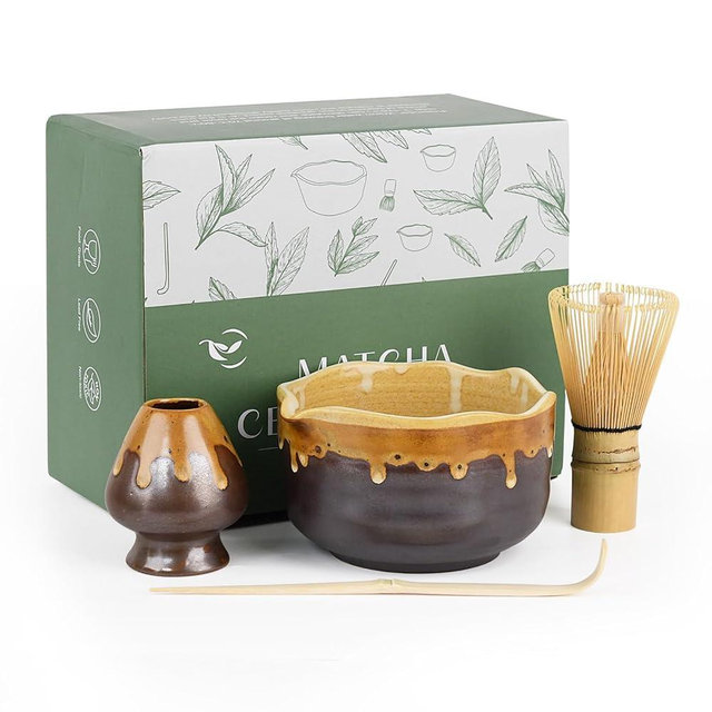 Pottery Matcha Set - Japanese Handcrafted Matcha Tea Bowl Mineral Glaze Bowl with Spout, Bamboo Whisk, Scoop & Chasen Holder | 4pc Tea Ceremony Kit for Matcha Lovers (Coffee Sand)