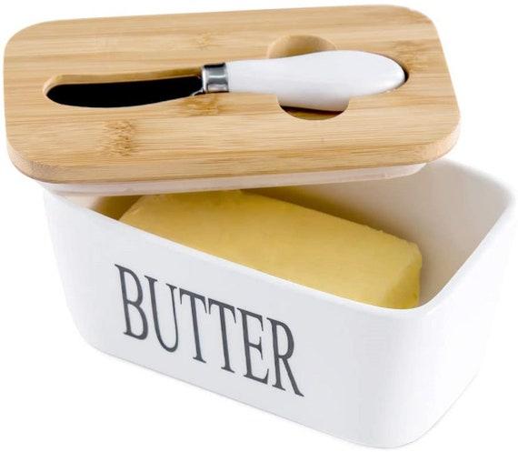 Butter Dish with Lid, Farmhouse Style Porcelain Covered Butter Keeper with Butter Knife, Airtight Butter Container