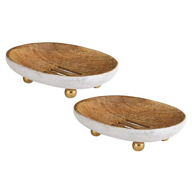 Folkulture Soap Dish Soap Bar Holders for Bathroom, Soap Saver with Anti-Slip Design, Set of 2 Soap Tray Dishes for Shower, Wooden Holder with Drain Holes for Soap or Sponges, Acacia Wood, White