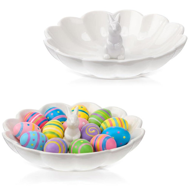 Domensi 2 Pcs Easter Bunny Candy Dish 7 Inch Ceramic Rabbit Plate Candy Bowl Snack Serving Bowl for Dessert Fruits Salads Easter Table Decoration