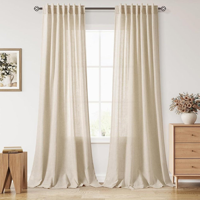 Nanspring Modern Farmhouse Decor Curtains 96 Inches Long for Living Room Linen Birch Beige Luxury Light Filtering Semi Sheer Curtain Back Tab Coastal Drapes for Bedroom Office 52x96, 2 Panels