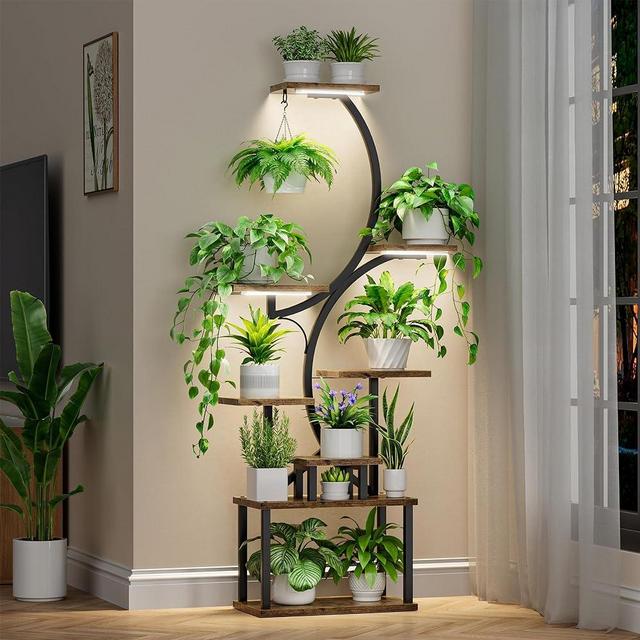 BACEKOLL Plant Stand Indoor with Grow Lights, 8 Tiered Indoor Plant Shelf, 62" Tall Plant Stand for Indoor Plants Multiple, Metal Plant Flower Holder Stand, S-Shaped Plant Rack for Home, Patio (Black)