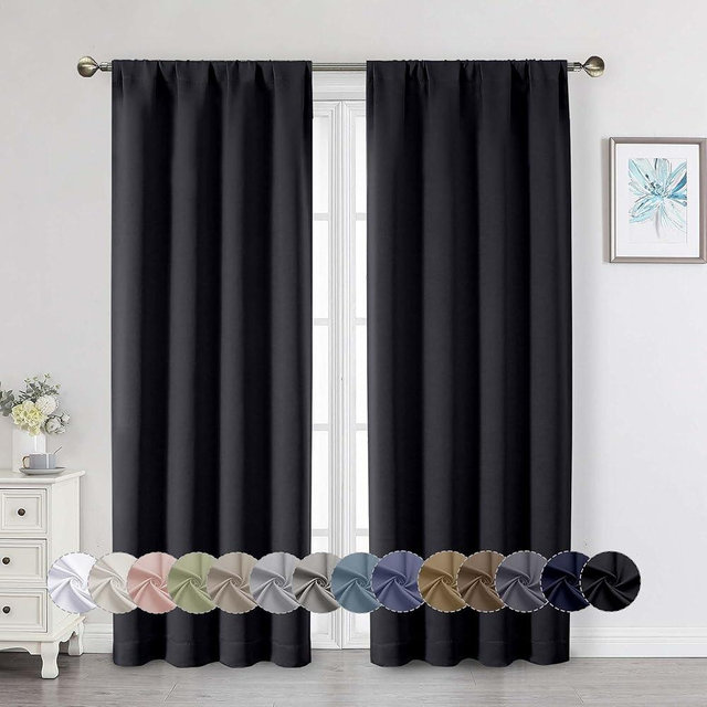 WelvetBLK Black Blackout Curtains for Bedroom Living Room 72 Inches Long 2 Panels Set, Soft Solid Thermal Room Darkening French Door Curtain, Modern Rod Pocket Design, Black, 40" Wx72 L