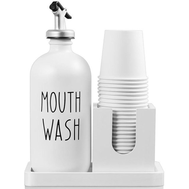 Mouthwash Dispenser for Bathroom, 16 OZ Glass Mouthwash Dispenser with Pour Spout and Wood Cup Holder and Tray, Mouth Wash Bottle Container, Farmhouse Kitchen Bathroom Decor and Accessories, White