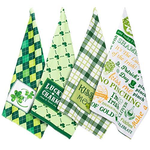 Whaline 4 Pack St Patrick's Day Dish Towels Set, Shamrock Clover Green Plaid Kitchen Hand Dish Towels for Gift-Irish, Holiday, Home Decor (18'' x 28")
