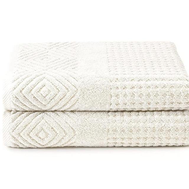 Texere 100% Organic Cotton Diamond Jacquard 700 GSM Luxury Bath Towel Sets - Ultra Soft and Absorbent Hotel and Spa Quality (Diamond, Cream, 2 Bath Towels)
