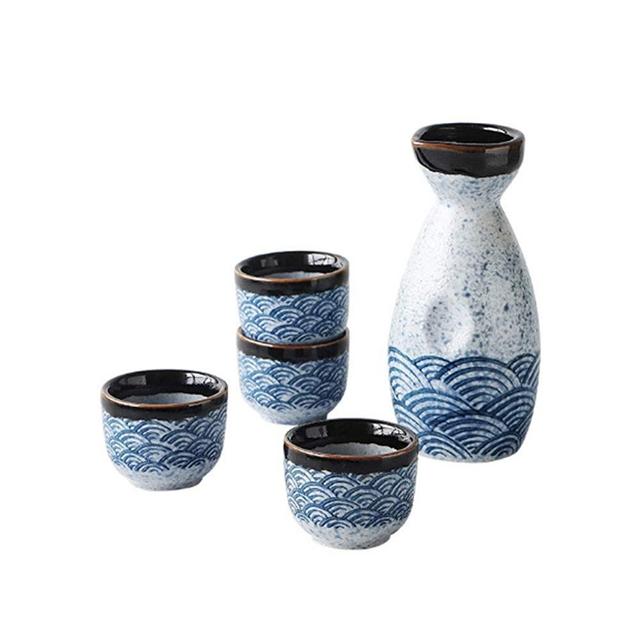 ELSEVN Japanese Sake Cup Set Sake Set Wine Glasses Hand Painted Porcelain Pottery Ceramic Cups -Light Blue