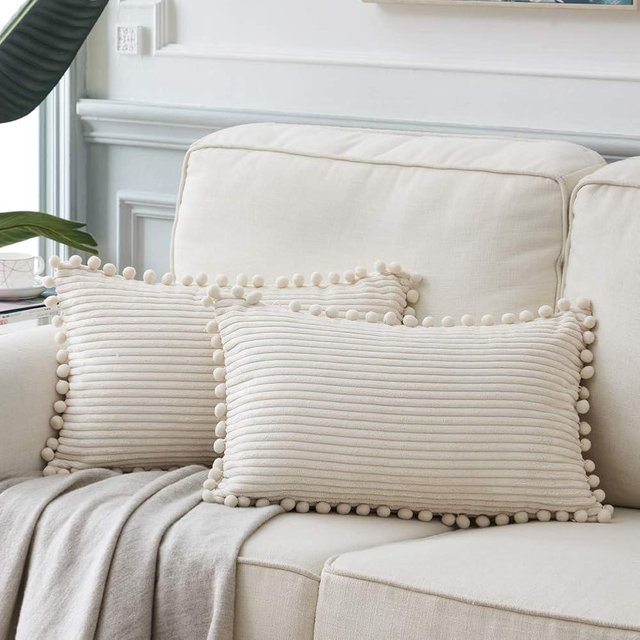 Fancy Homi 2 Pack Cream Lumbar Decorative Throw Pillow Covers 12x24 Inch with Pom-poms for Couch Bedroom Sofa, Farmhouse Boho Home Decor, Soft Corduroy Solid Rectangle Cushion Case 30x60 cm