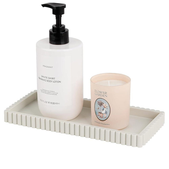 Silicone Bathroom Tray Small Vanity Organizer Rectangle Sink Caddy Sponge Holder Kitchen Counter Decor for Dish Soap, Perfume, Candle, Beige