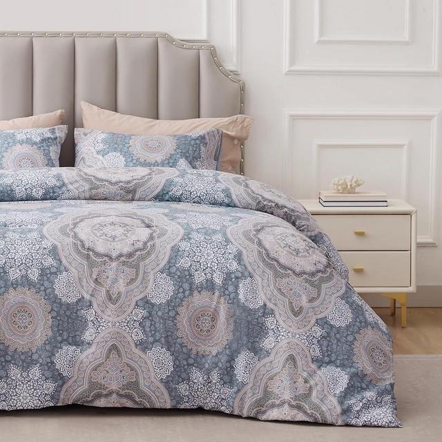 Sophia & William Foggy Blue Damask King Size Comforter Set, 3 Pcs Cotton Comforter Set with Printed Comforter & 2 Pillowcases, All Season Lightweight Bedding Set