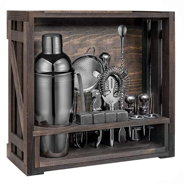 18 Piece Cocktail Shaker Set with Rustic Pine Stand,Gifts for Men Dad Grandpa,Stainless Steel Bartender Kit Bar Tools Set for Christmas Gift,Home, Bars, Parties and Traveling (Gun-Metal Black)