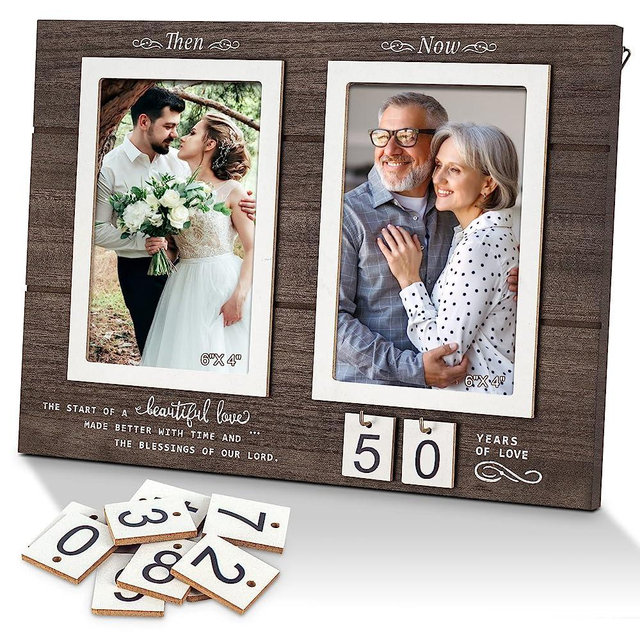 Then & Now Anniversary Picture Frame, 1-99 Years Wedding Gift Ideas - Anniversary Wood Photo Frame, Engagement Bridal Shower Gifts with Sentimental Quote - Holds 2 4x6 Inches Photos (Then & Now)
