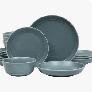Gibson Home Summer Shades 16 Piece Plates and Bowls Dishes Service for 4 Porcelain Dinnerware Set - Blue