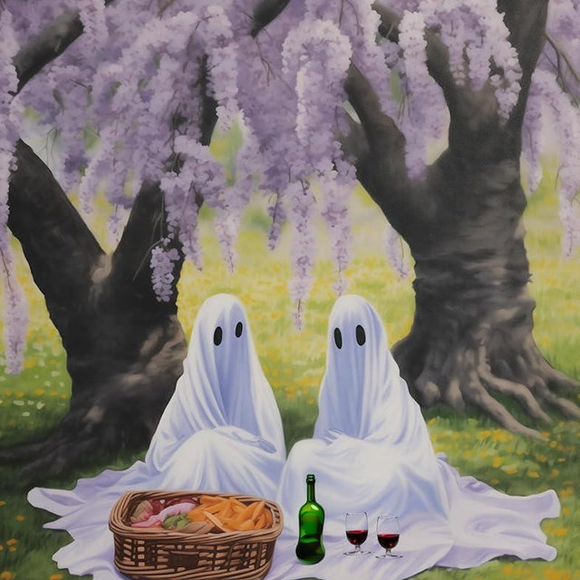 Romantic Gothic Art Poster of Cute Ghosts Having a Picnic - Charming Valentine's Day Decor, Perfect Gift for Lovers of Whimsical Wall Art & Dark Academia Aesthetics (Unframed Print Poster, 18" x 24")