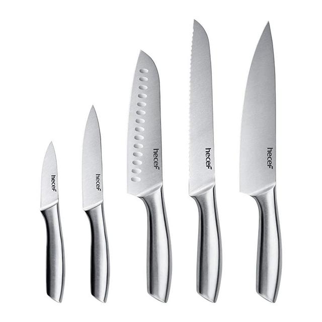 hecef Silver Kitchen knife set of 5, Satin Finish Blade with Hollow Handle, includes 8" Chef, 8"Bread, 8"Santoku, 5"Utility and 3.5"paring knife