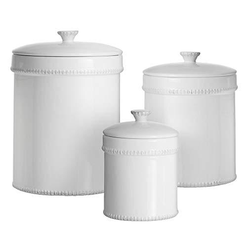 American Atelier Bianca Dash Canister Set 3-Piece Ceramic Jars in 30oz, 70oz and 122oz Chic Design with Lids for Cookies, Candy, Coffee, Flour, Sugar, Rice, Pasta, Cereal & More White,