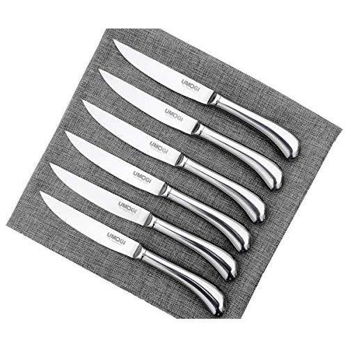 Steak Knives Set of 6 - Premium Stainless Steel, Dishwasher Safe - Polished Shiny Blade & Handle, Straight Edge - Kitchen Table Knife Set 4.5 Inch Dinner Knives Non Serrated UMOGI