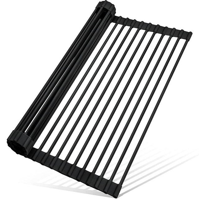 MERRYBOX Silicone Roll Up Dish Drying Rack, Over The Sink Dish Drying Rack Kitchen Rolling Sink Drying Rack, Heat-Resistant, Anti-Slip Sink Rack for Kitchen Counter Multipurpose, 18" x 13" -Black