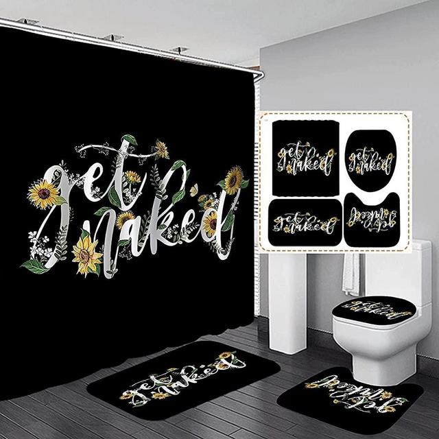 4Pcs Get Naked Sunflower Shower Curtain Sets Floral Black Bathroom Set Decor with Non-Slip Rugs Bath U-Shaped Mat Toilet Lid Cover Country Flower Bathroom Curtains Shower Set with 12 Hooks, 70.8×70.8