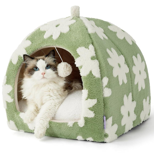 Lesure Cute Cat Beds for Indoor Cats - 2 in 1 Cat Cave Bed for Large Cats, Cat House with Removable Washable Cushioned Pillow, Cozy Cat Tent House with Non-Slip Bottom, Green, 17.3 inches