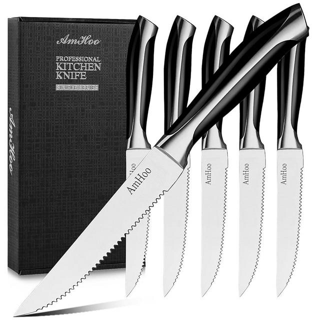 AmHoo Steak Knives Set of 6 Serrated 5-inch High Carbon Stainless Steel Ultra Sharp ABS Handle
