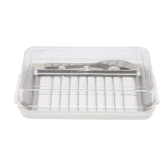 Stainless Steel Butter Cutter Box, Cheese Storage Container with Transparent Cover for Kitchen Butter Keeper with Cutter for Easy Cutting Kitchen Supplies (Butter grid hole cutting box (white bottom)