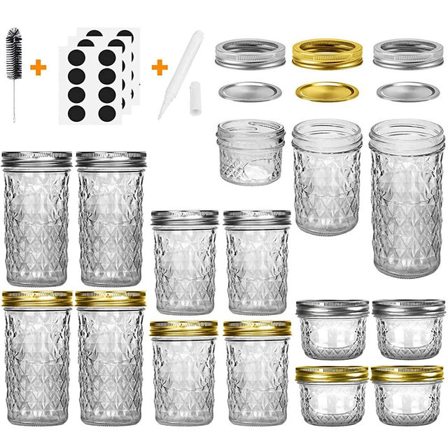Mason Jars Canning Jars, 12 Pack Glass Jars Jelly Jars With Regular Lids, Ideal for Jam, Honey, Wedding Favors, Shower Favors, Baby Foods, DIY Magnetic Spice Jars - 4 OZ x 4, 8 OZ x 4, 12 OZ x 4