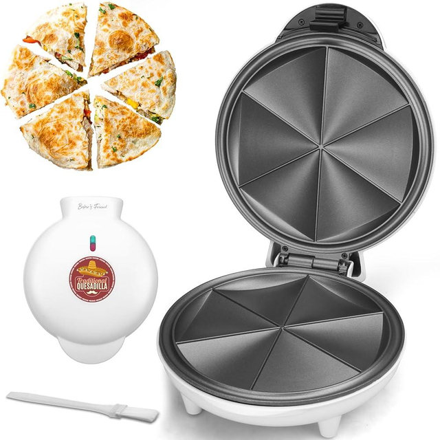 Baker's Friend Electric Quesadilla Maker with Extra Stuffing Design, 9.5 Inch with Easy Slice 6 Wedge, Non Stick Surface, Non-Slip Feet, Grilled Cheese Maker Machine, White