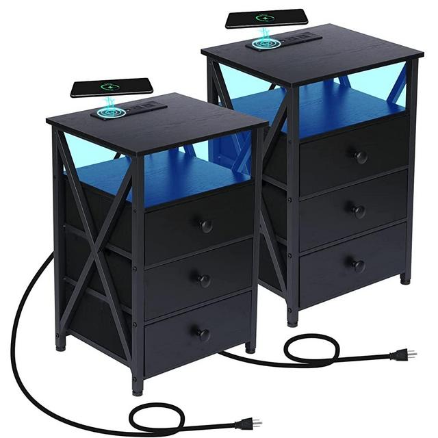 AMHANCIBLE LED Nightstands Set of 2, End Side Tables with Wireless Charging Station, Bedside Table with USB Port & Power Outlet, Modern Night Stand with 3 Storage Drawers for Bedroom Living Room Black