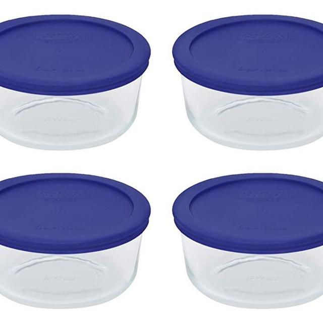 Pyrex Storage 4-Cup Round Dish, Clear with Cadet Blue Plastic Lids, Pack of 4 Containers