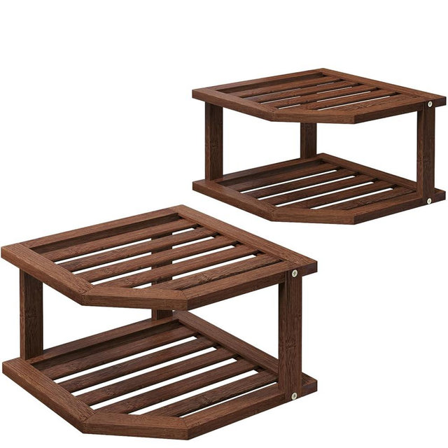 VERTORGAN Bamboo Corner Shelf(2 Pack),2 Tier Plate Organizer for Cabinet and Countertop,Pantry Dish and Spice Rack for Kitchen（Brown）