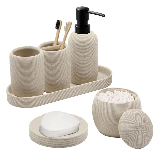 Bathroom Accessory Set - 6PCS Bathroom Accessories Set, Bath Vanity Countertop Accessories with Soap Dish, Lotion Dispenser, Toothbrush Holder, Toothbrush Cup, Vantiy Tray, Qtip Holder (Beige,Black)